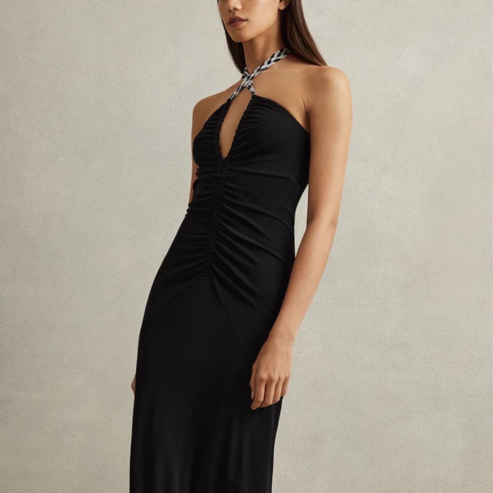 Reiss Black Asymmetrical Ruched Halter Gown